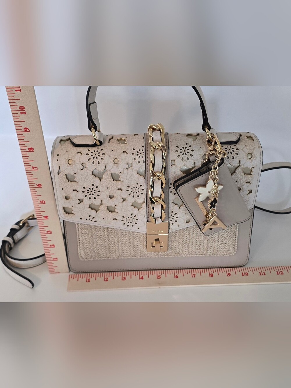 Aldo Beige Satchel Bag with Laser-Cut Floral Flap and Gold Chain - Picture 10 of 10